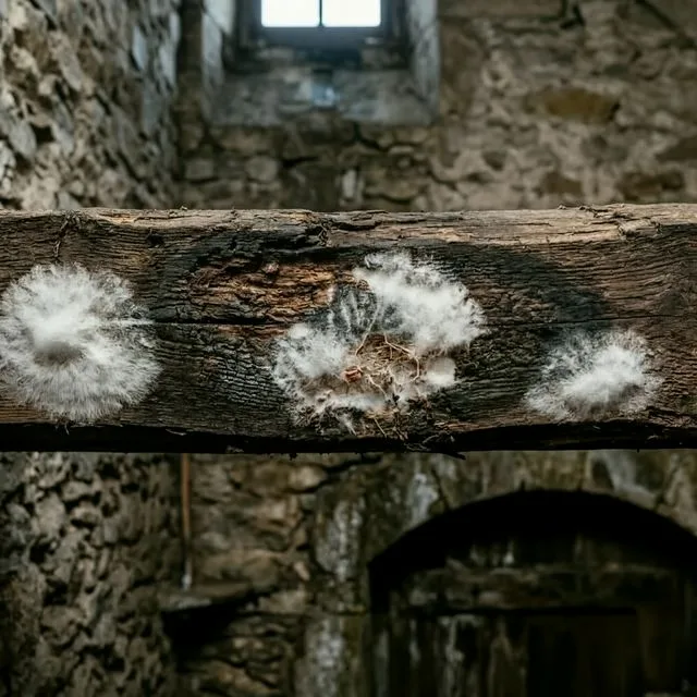 Mur et charpente attaqués par le champignon de la mérule